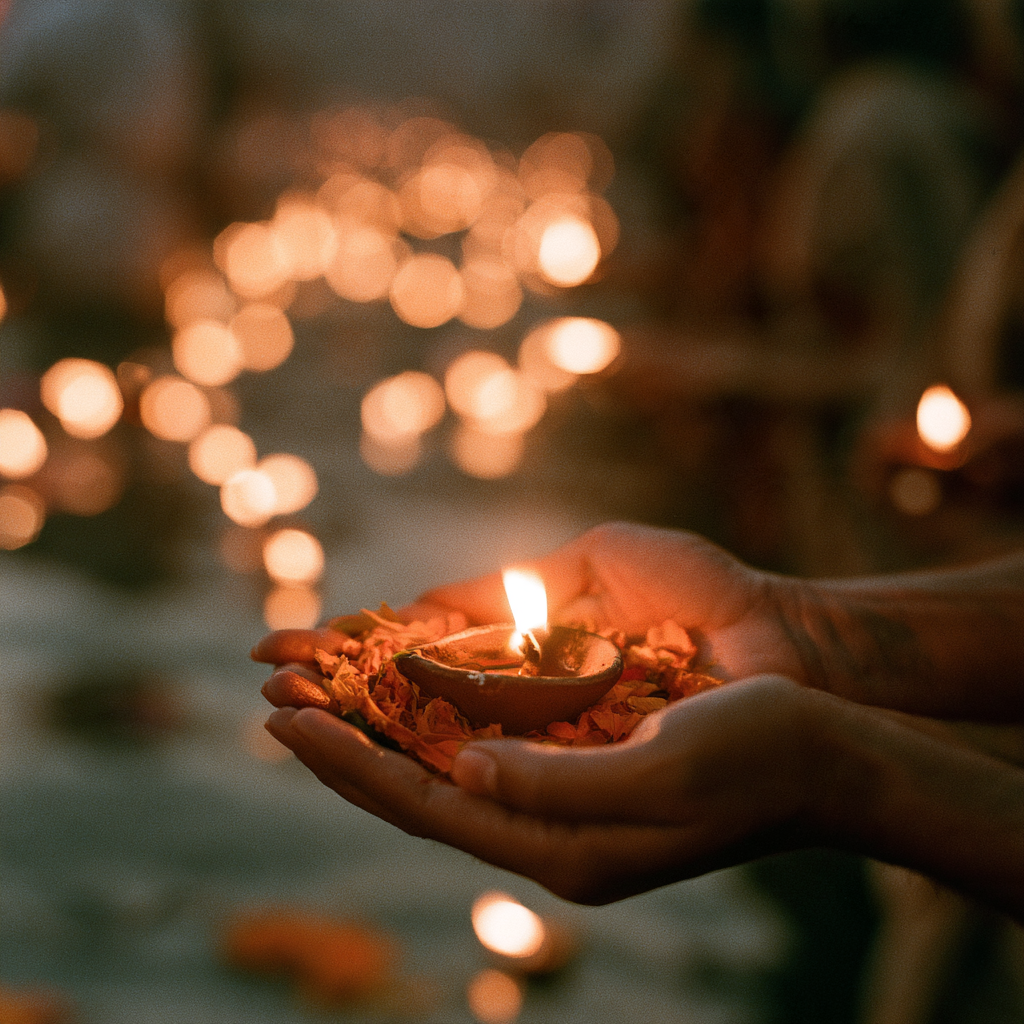 Manos sosteniendo una lámpara de barro encendida con pétalos durante el Ganga Aarti