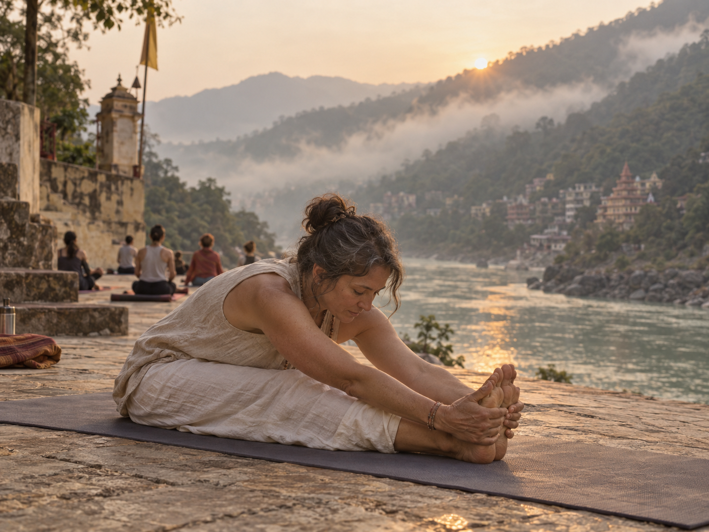 Práctica de yoga al amanecer a orillas del Ganges en Rishikesh